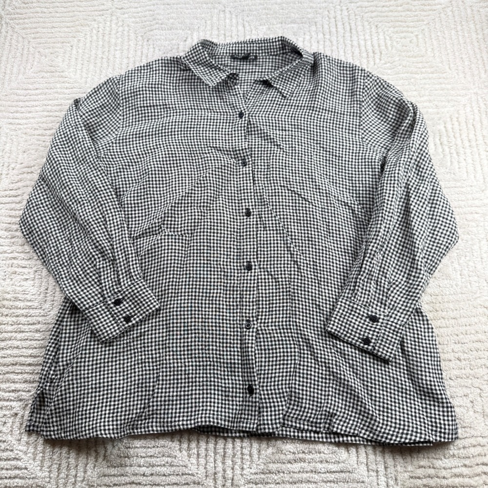Eileen Fisher Gingham Linen Button Shirt Womens Medium Black White Check Coastal